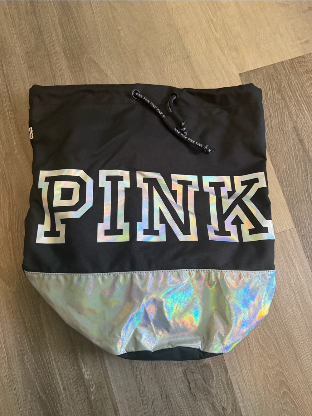 PINK Victoria's Secret Black drawstring backpack with Iridescent Accents